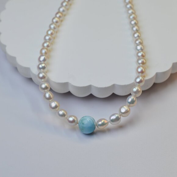 Larimar & Freshwater AK Pearl Necklace 18-20" Sterling Silver - Picture 7 of 8